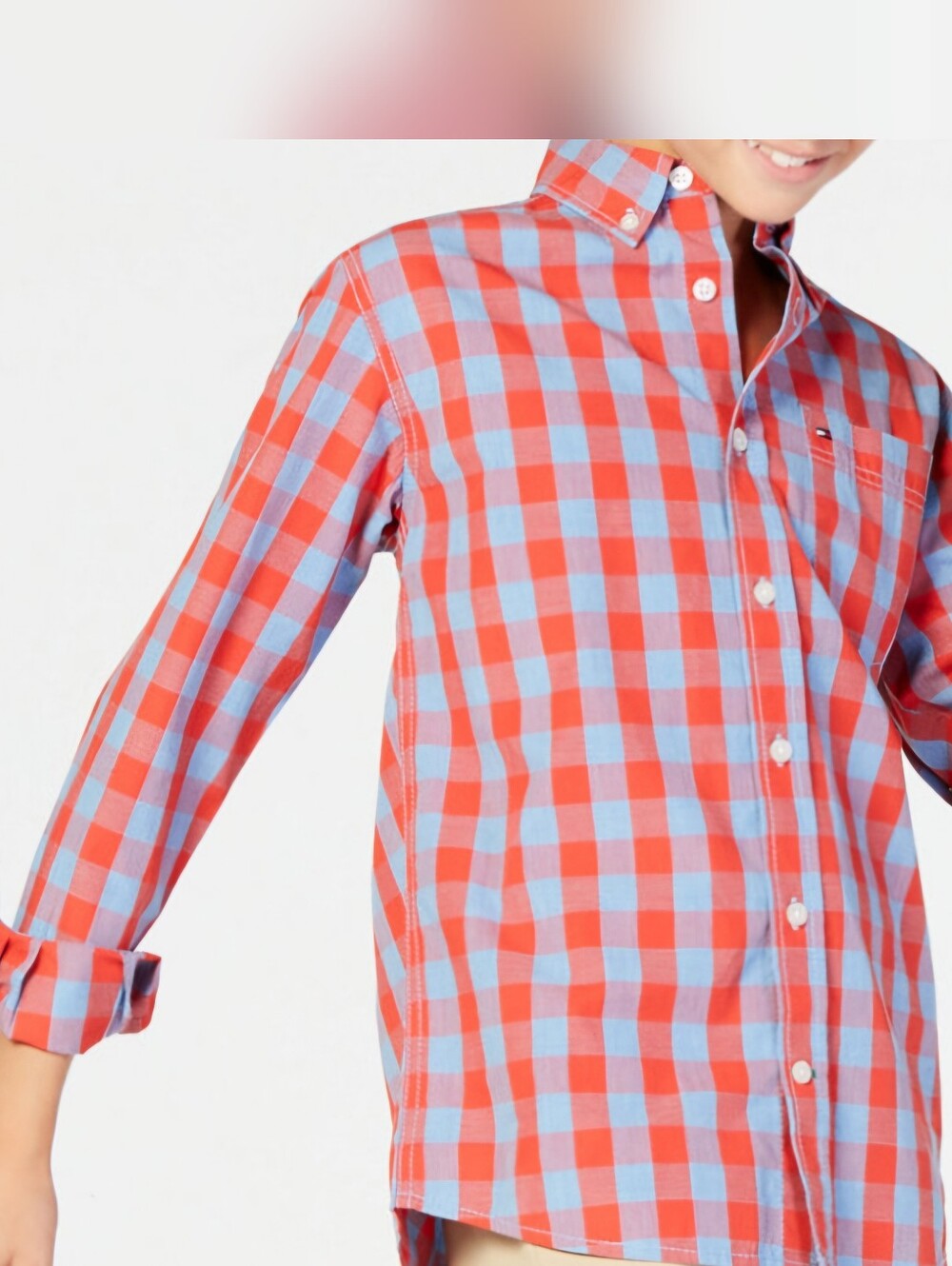 Tommy Hilfiger Red and Light Blue Plaid Button-Down Shirt